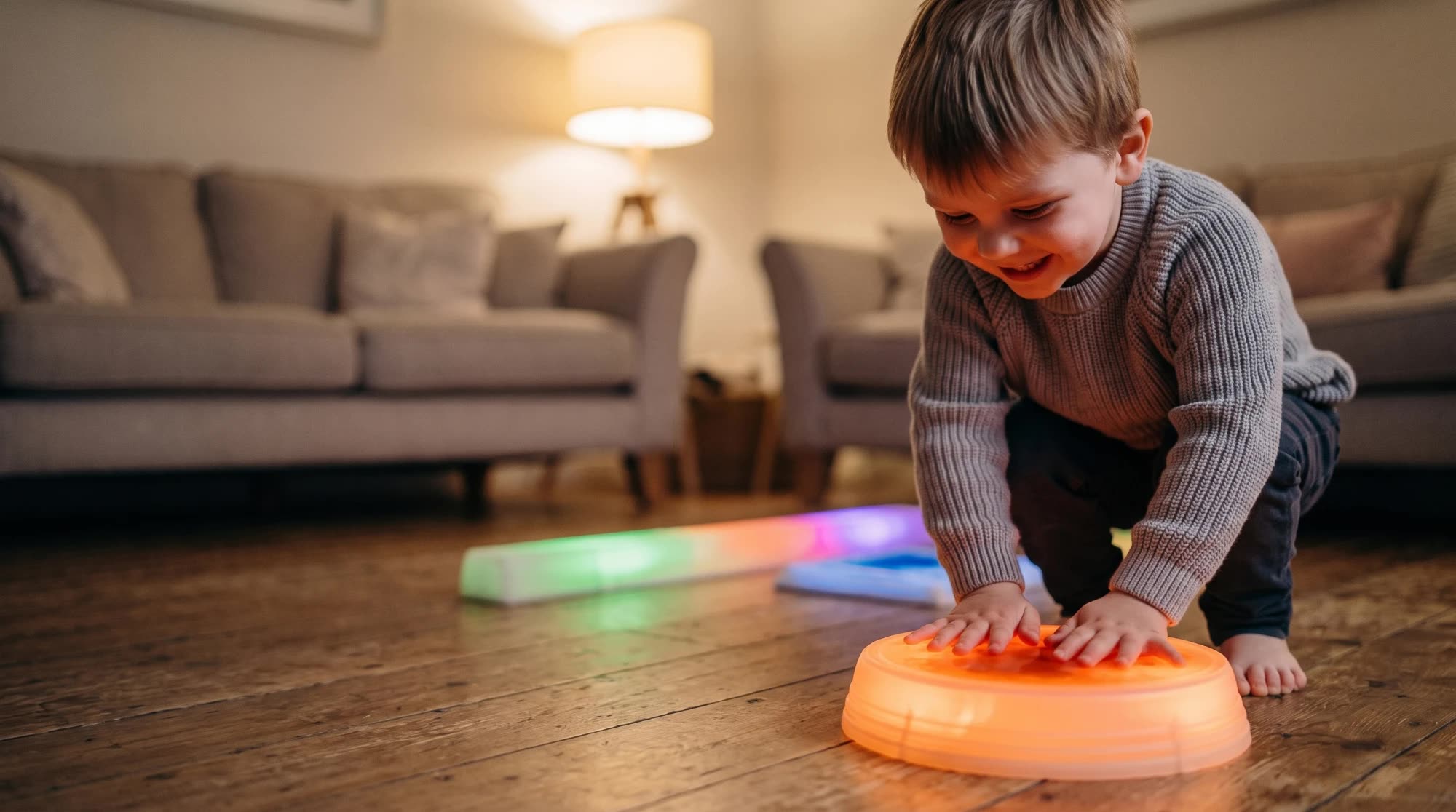 A boy pressing a glowing liquid-gel stepping stone in a cosy living room